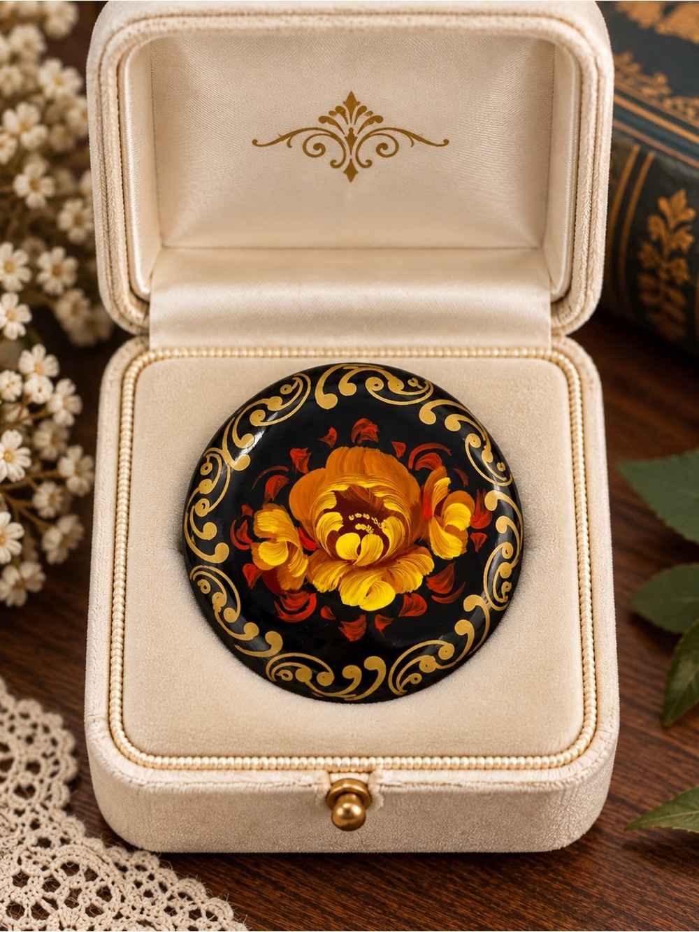 Russian Floral Brooch Hand Painted Signed Black Lacquer Golden Tones Folk Art